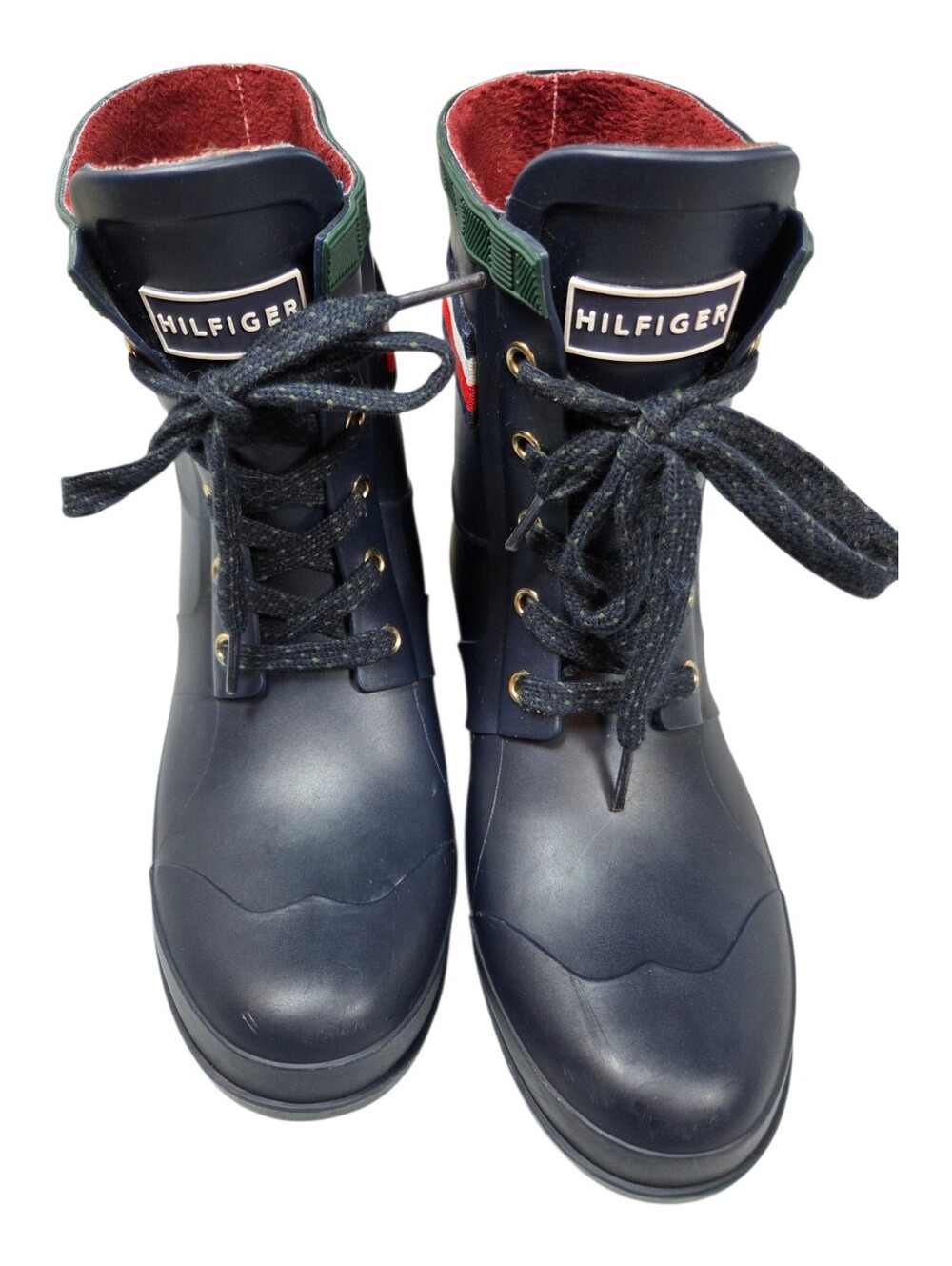 Tommy Hilfiger Navy Blue Rain Boots w/Red Faux Fur Lining Slip On Size 8 - Picture 4 of 11